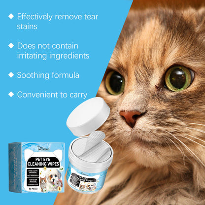 Pet Eye Cleaning Wipes for Dogs & Cats, Tear Stain Remover Pads, Mild Citric Acid Formula, 60 Count