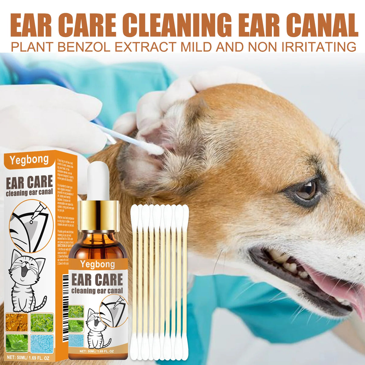 Pet Ear Cleaner Drops, Dog & Cat Ear Care Solution with Aloe, Glycerin & Tea Tree Oil, Gentle Ear Cleanser for Removing Dirt, Odor & Mites, 50Ml