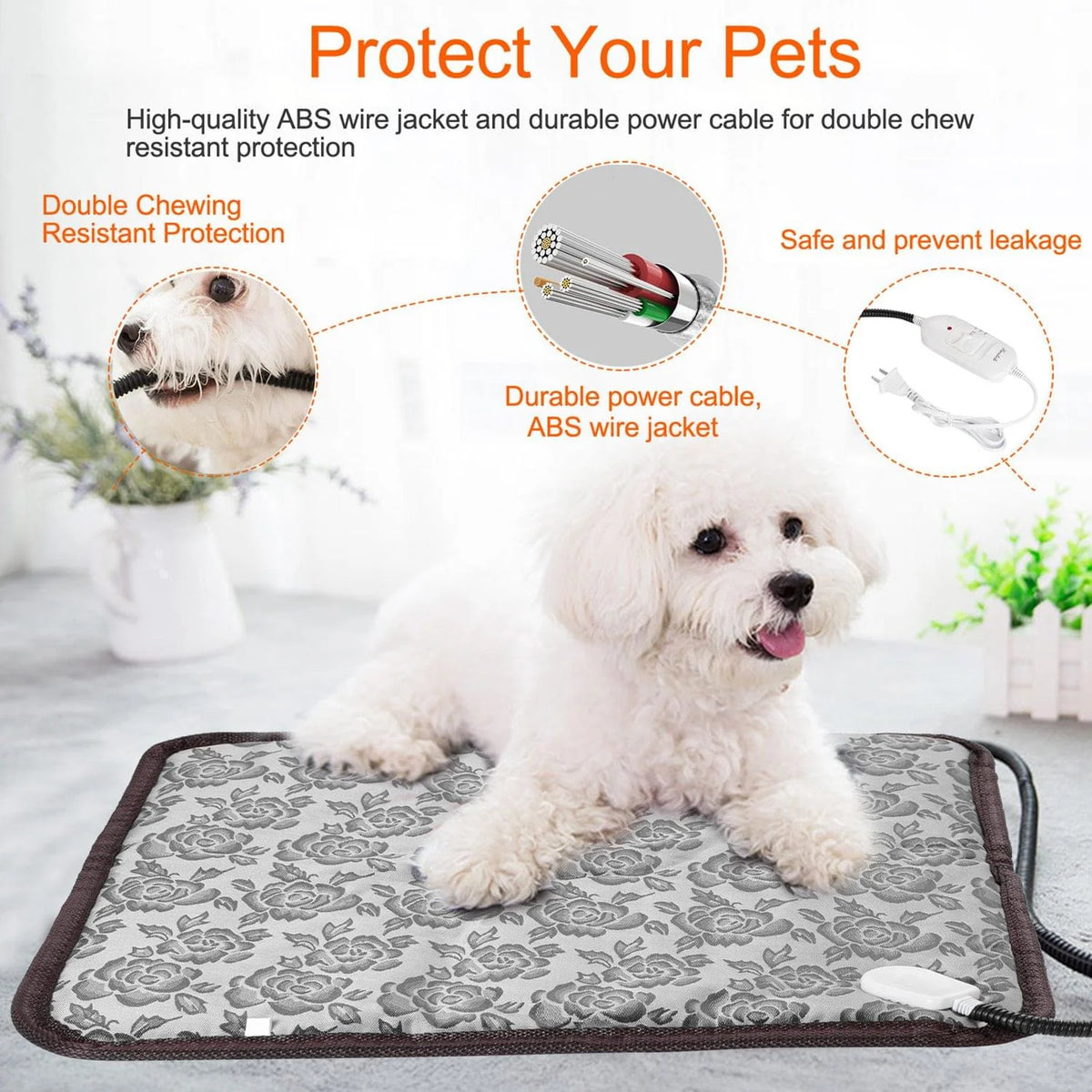 1Pc Pet Heating Pad Dog Cat Electric Heating Mat Waterproof Adjustable Warming Blanket with Chew Resistant Steel Cord Case