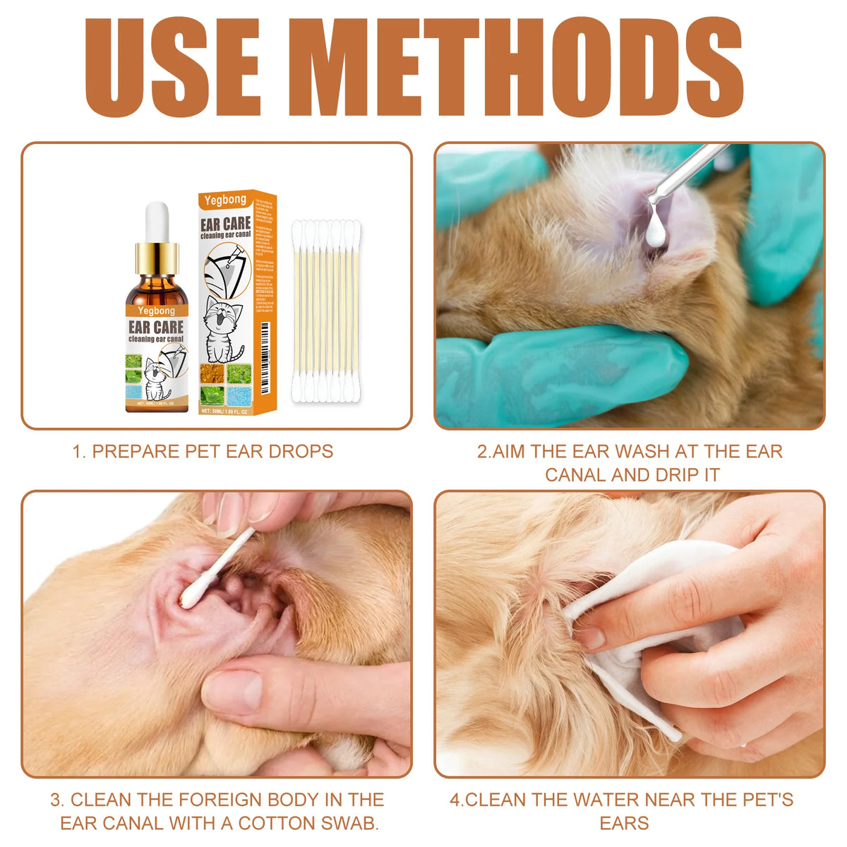 Pet Ear Cleaner Drops, Dog & Cat Ear Care Solution with Aloe, Glycerin & Tea Tree Oil, Gentle Ear Cleanser for Removing Dirt, Odor & Mites, 50Ml